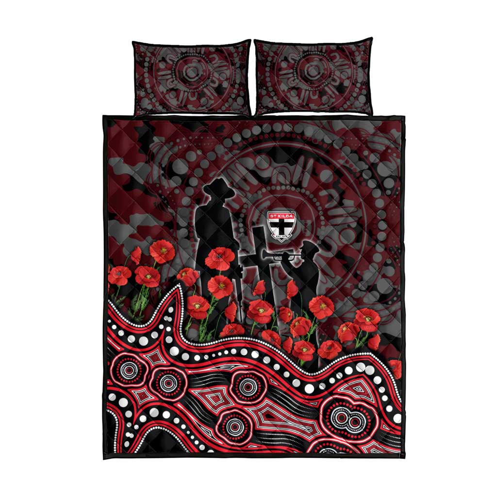 St Kilda Saints ANZAC Day Quilt Bed Set Indigenous Dot Art with Poppy Flower Tribute