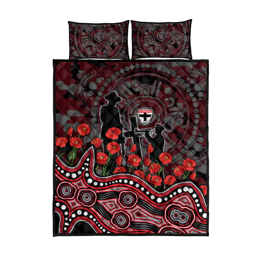 St Kilda Saints ANZAC Day Quilt Bed Set Indigenous Dot Art with Poppy Flower Tribute