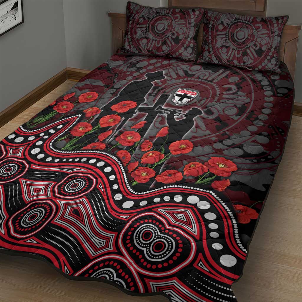 St Kilda Saints ANZAC Day Quilt Bed Set Indigenous Dot Art with Poppy Flower Tribute