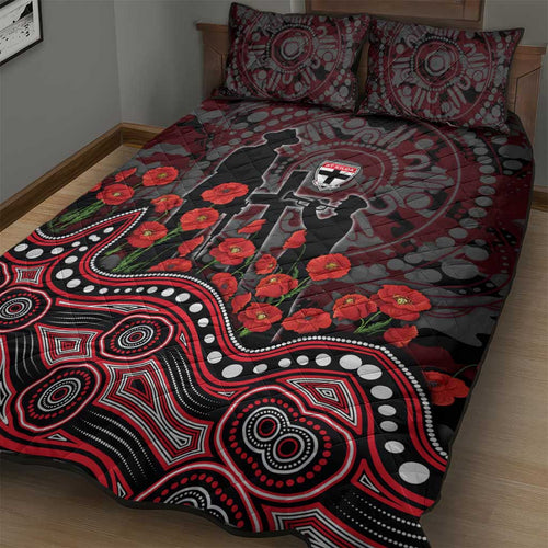 St Kilda Saints ANZAC Day Quilt Bed Set Indigenous Dot Art with Poppy Flower Tribute