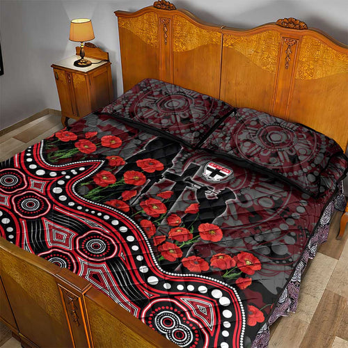 St Kilda Saints ANZAC Day Quilt Bed Set Indigenous Dot Art with Poppy Flower Tribute