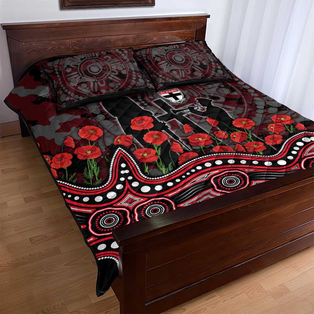 St Kilda Saints ANZAC Day Quilt Bed Set Indigenous Dot Art with Poppy Flower Tribute