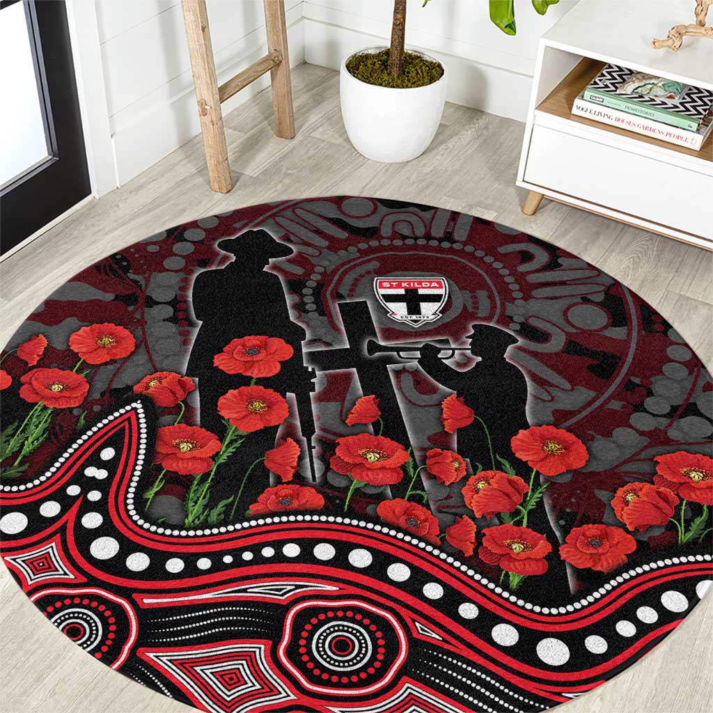 St Kilda Saints ANZAC Day Round Carpet Indigenous Dot Art with Poppy Flower Tribute