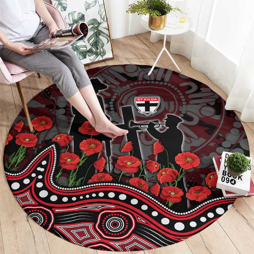 St Kilda Saints ANZAC Day Round Carpet Indigenous Dot Art with Poppy Flower Tribute