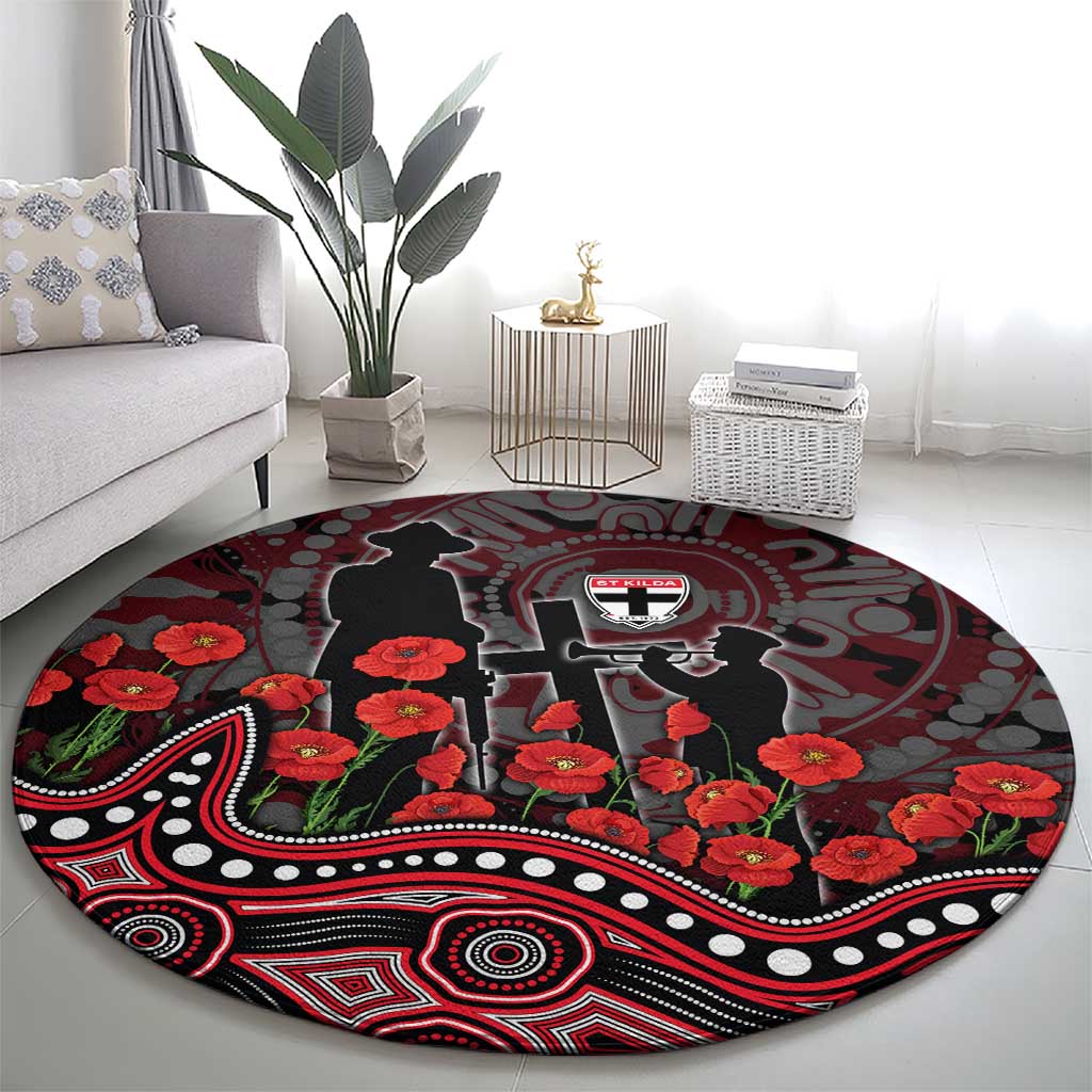 St Kilda Saints ANZAC Day Round Carpet Indigenous Dot Art with Poppy Flower Tribute
