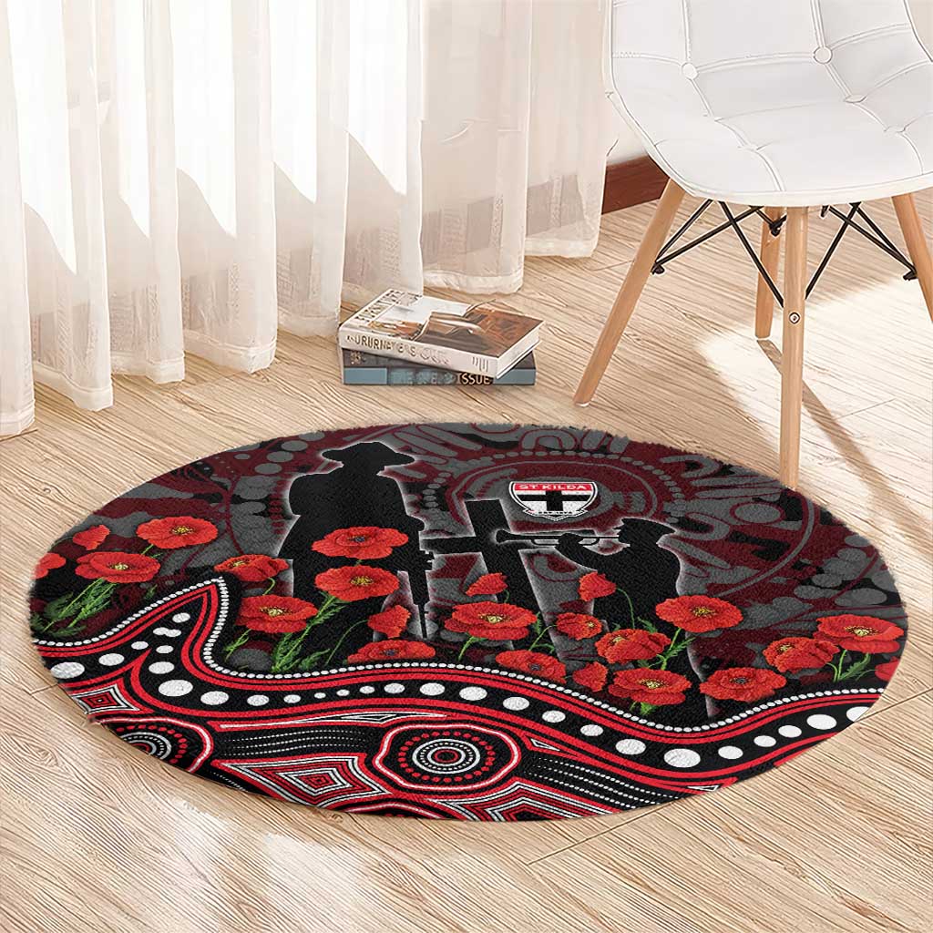 St Kilda Saints ANZAC Day Round Carpet Indigenous Dot Art with Poppy Flower Tribute