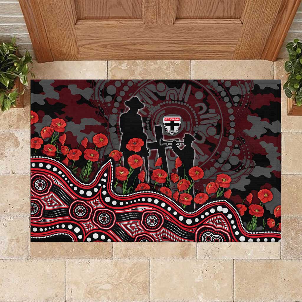St Kilda Saints ANZAC Day Rubber Doormat Indigenous Dot Art with Poppy Flower Tribute