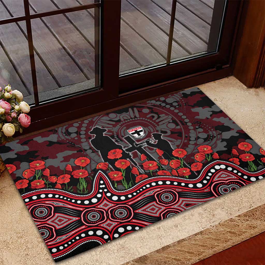 St Kilda Saints ANZAC Day Rubber Doormat Indigenous Dot Art with Poppy Flower Tribute