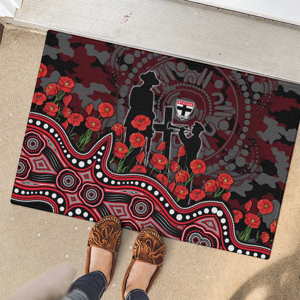 St Kilda Saints ANZAC Day Rubber Doormat Indigenous Dot Art with Poppy Flower Tribute