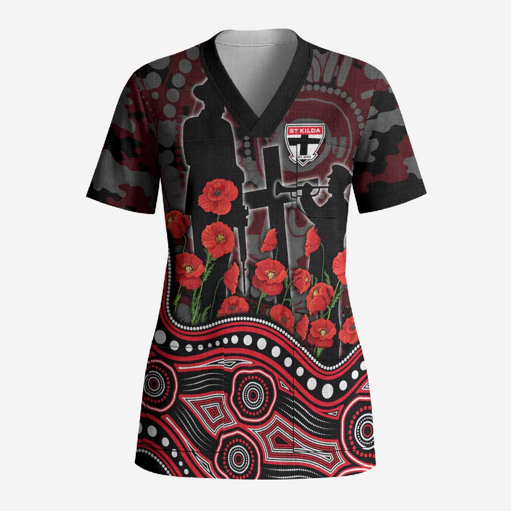 St Kilda Saints ANZAC Day Scrub Top Indigenous Dot Art with Poppy Flower Tribute