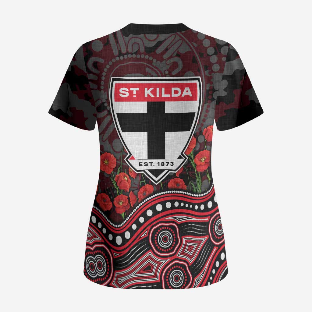 St Kilda Saints ANZAC Day Scrub Top Indigenous Dot Art with Poppy Flower Tribute