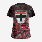 St Kilda Saints ANZAC Day Scrub Top Indigenous Dot Art with Poppy Flower Tribute