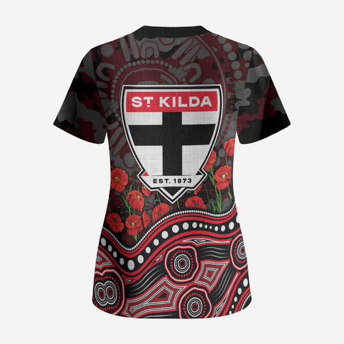 St Kilda Saints ANZAC Day Scrub Top Indigenous Dot Art with Poppy Flower Tribute