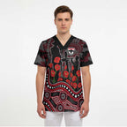 St Kilda Saints ANZAC Day Scrub Top Indigenous Dot Art with Poppy Flower Tribute