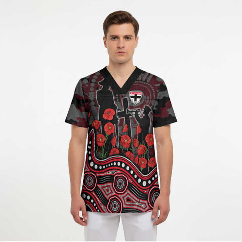 St Kilda Saints ANZAC Day Scrub Top Indigenous Dot Art with Poppy Flower Tribute