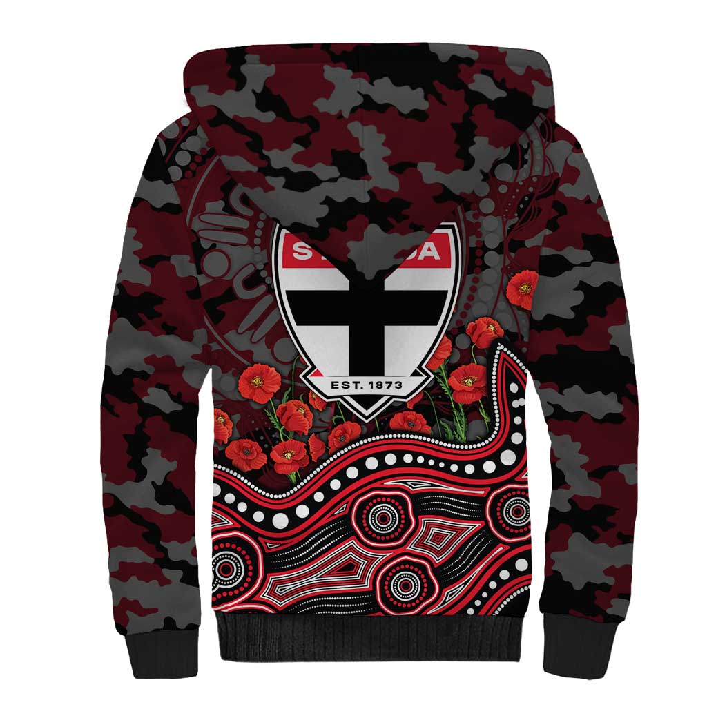 St Kilda Saints ANZAC Day Sherpa Hoodie Indigenous Dot Art with Poppy Flower Tribute