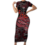 St Kilda Saints ANZAC Day Short Sleeve Bodycon Dress Indigenous Dot Art with Poppy Flower Tribute