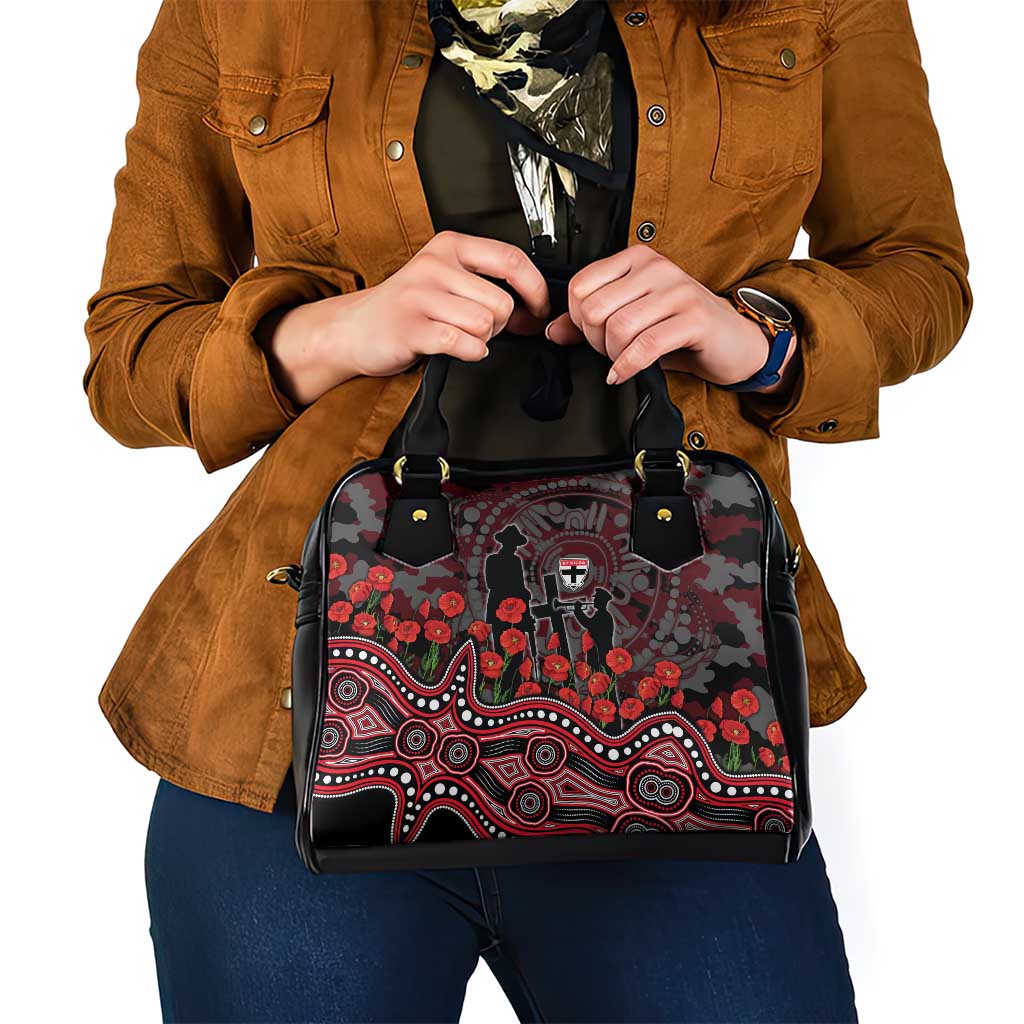St Kilda Saints ANZAC Day Shoulder Handbag Indigenous Dot Art with Poppy Flower Tribute