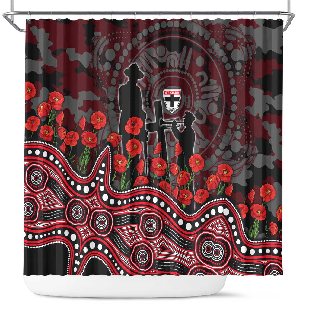 St Kilda Saints ANZAC Day Shower Curtain Indigenous Dot Art with Poppy Flower Tribute