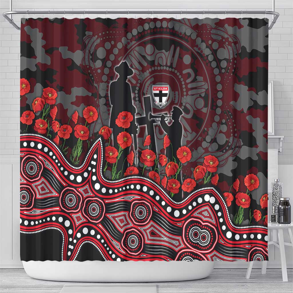 St Kilda Saints ANZAC Day Shower Curtain Indigenous Dot Art with Poppy Flower Tribute