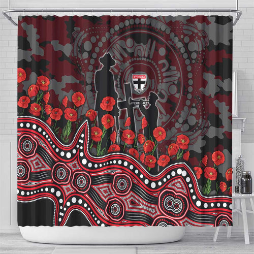 St Kilda Saints ANZAC Day Shower Curtain Indigenous Dot Art with Poppy Flower Tribute