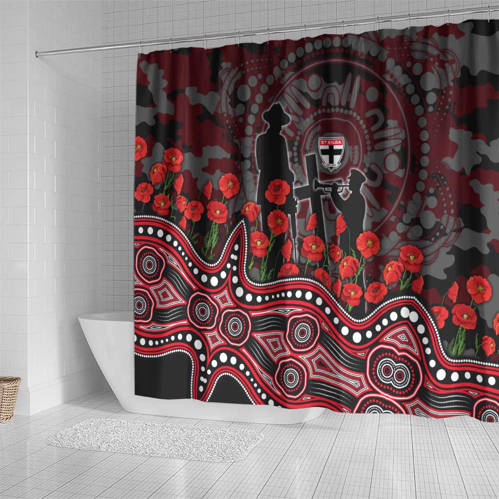 St Kilda Saints ANZAC Day Shower Curtain Indigenous Dot Art with Poppy Flower Tribute