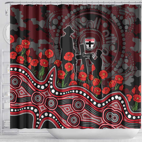 St Kilda Saints ANZAC Day Shower Curtain Indigenous Dot Art with Poppy Flower Tribute