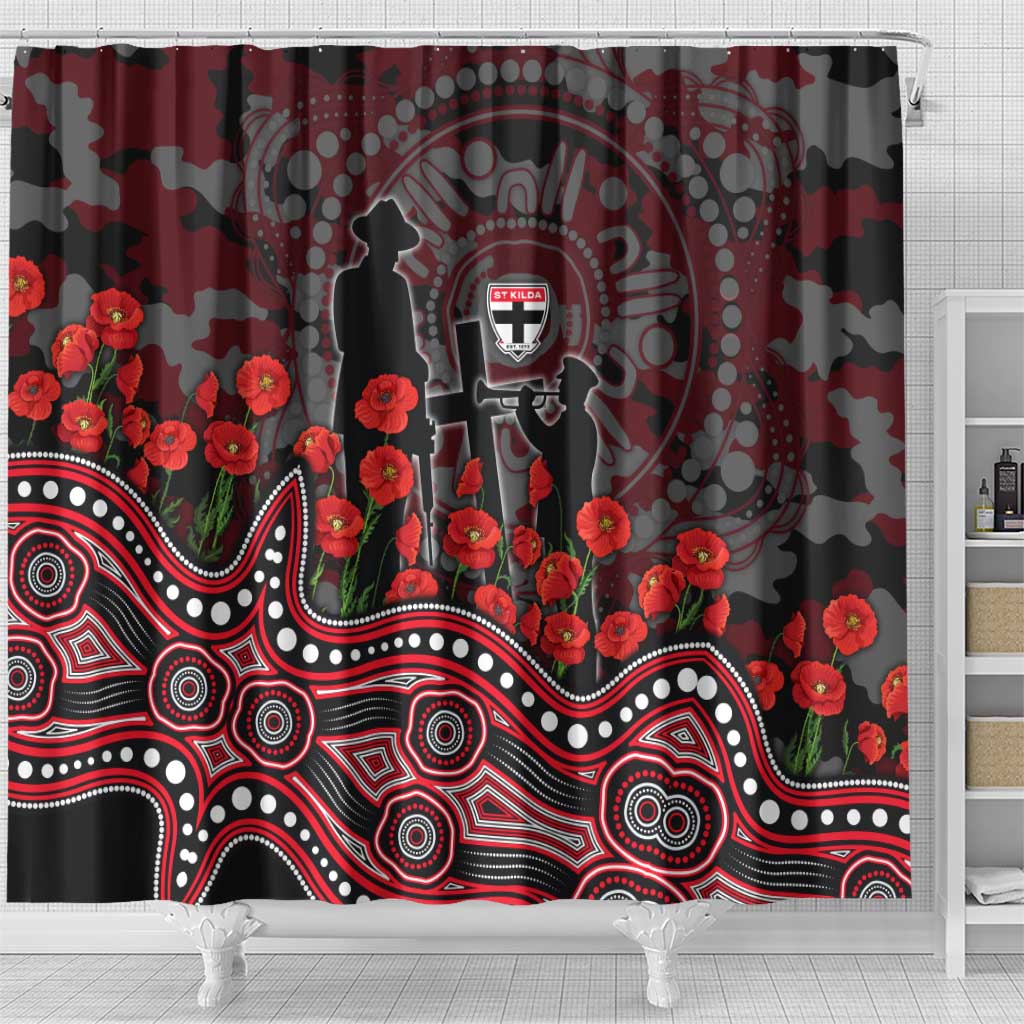 St Kilda Saints ANZAC Day Shower Curtain Indigenous Dot Art with Poppy Flower Tribute