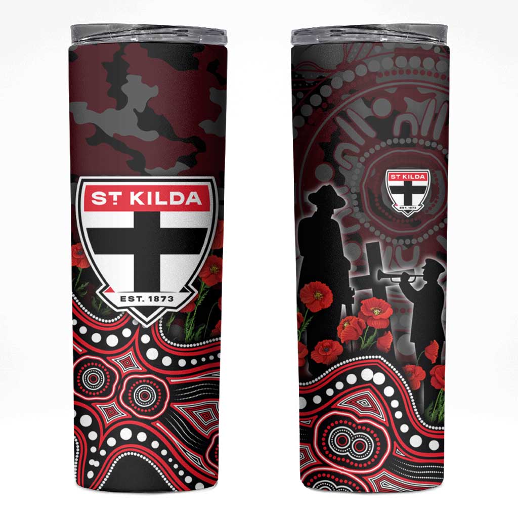 St Kilda Saints ANZAC Day Skinny Tumbler Indigenous Dot Art with Poppy Flower Tribute