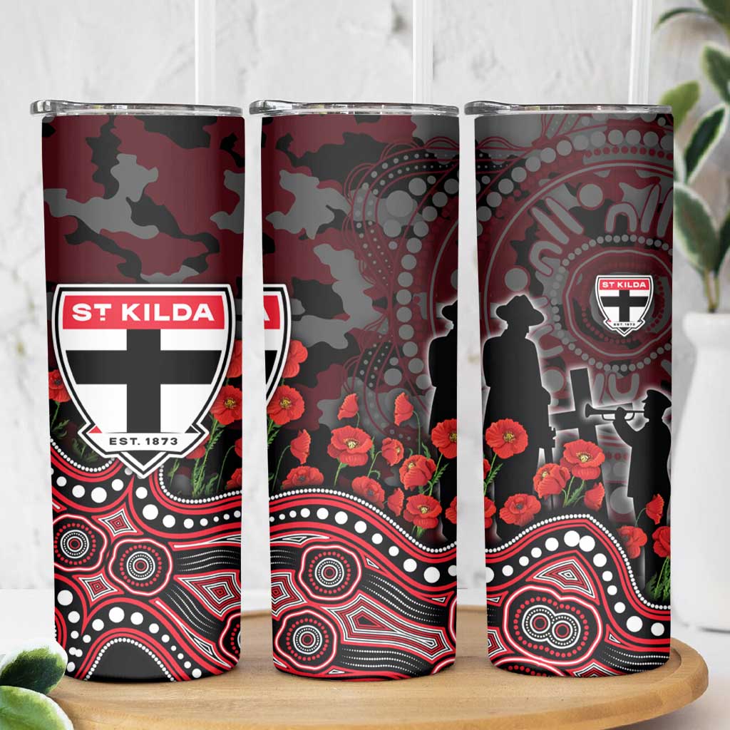 St Kilda Saints ANZAC Day Skinny Tumbler Indigenous Dot Art with Poppy Flower Tribute