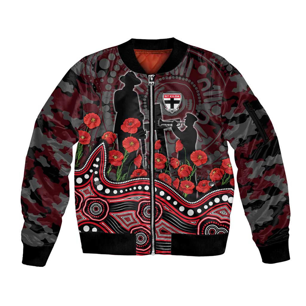 St Kilda Saints ANZAC Day Sleeve Zip Bomber Jacket Indigenous Dot Art with Poppy Flower Tribute