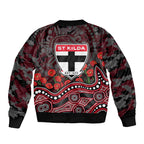 St Kilda Saints ANZAC Day Sleeve Zip Bomber Jacket Indigenous Dot Art with Poppy Flower Tribute