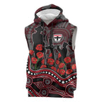 St Kilda Saints ANZAC Day Sleeveless Hoodie Indigenous Dot Art with Poppy Flower Tribute