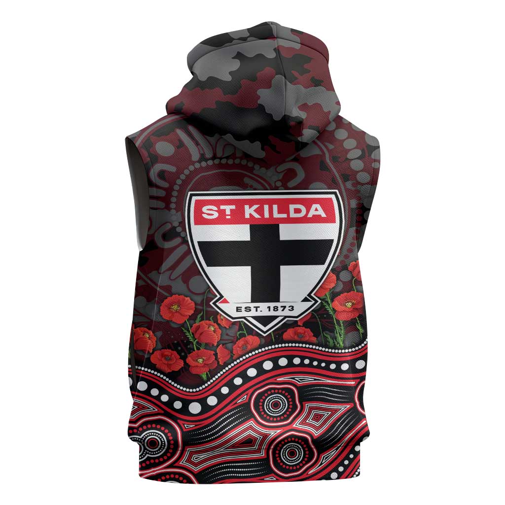 St Kilda Saints ANZAC Day Sleeveless Hoodie Indigenous Dot Art with Poppy Flower Tribute