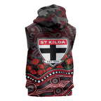 St Kilda Saints ANZAC Day Sleeveless Hoodie Indigenous Dot Art with Poppy Flower Tribute