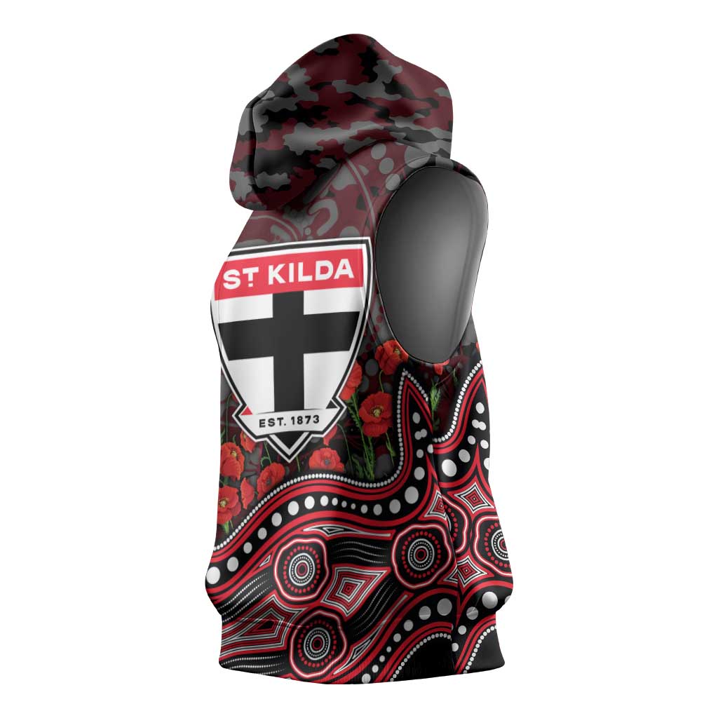 St Kilda Saints ANZAC Day Sleeveless Hoodie Indigenous Dot Art with Poppy Flower Tribute