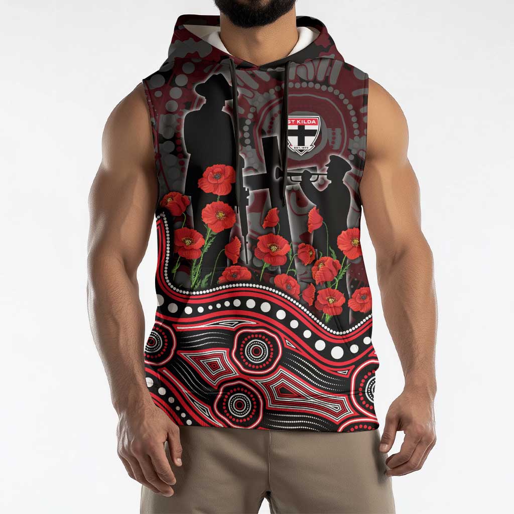 St Kilda Saints ANZAC Day Sleeveless Hoodie Indigenous Dot Art with Poppy Flower Tribute