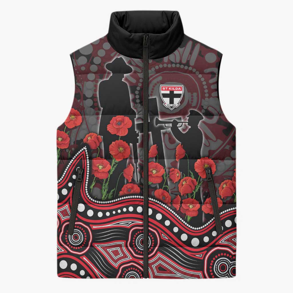 St Kilda Saints ANZAC Day Sleeveless Puffer Jacket Indigenous Dot Art with Poppy Flower Tribute