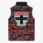 St Kilda Saints ANZAC Day Sleeveless Puffer Jacket Indigenous Dot Art with Poppy Flower Tribute