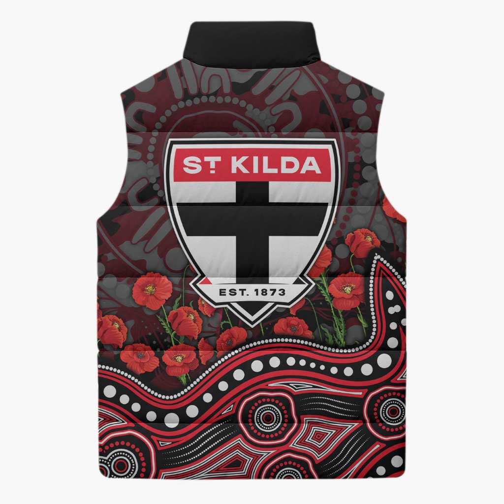 St Kilda Saints ANZAC Day Sleeveless Puffer Jacket Indigenous Dot Art with Poppy Flower Tribute