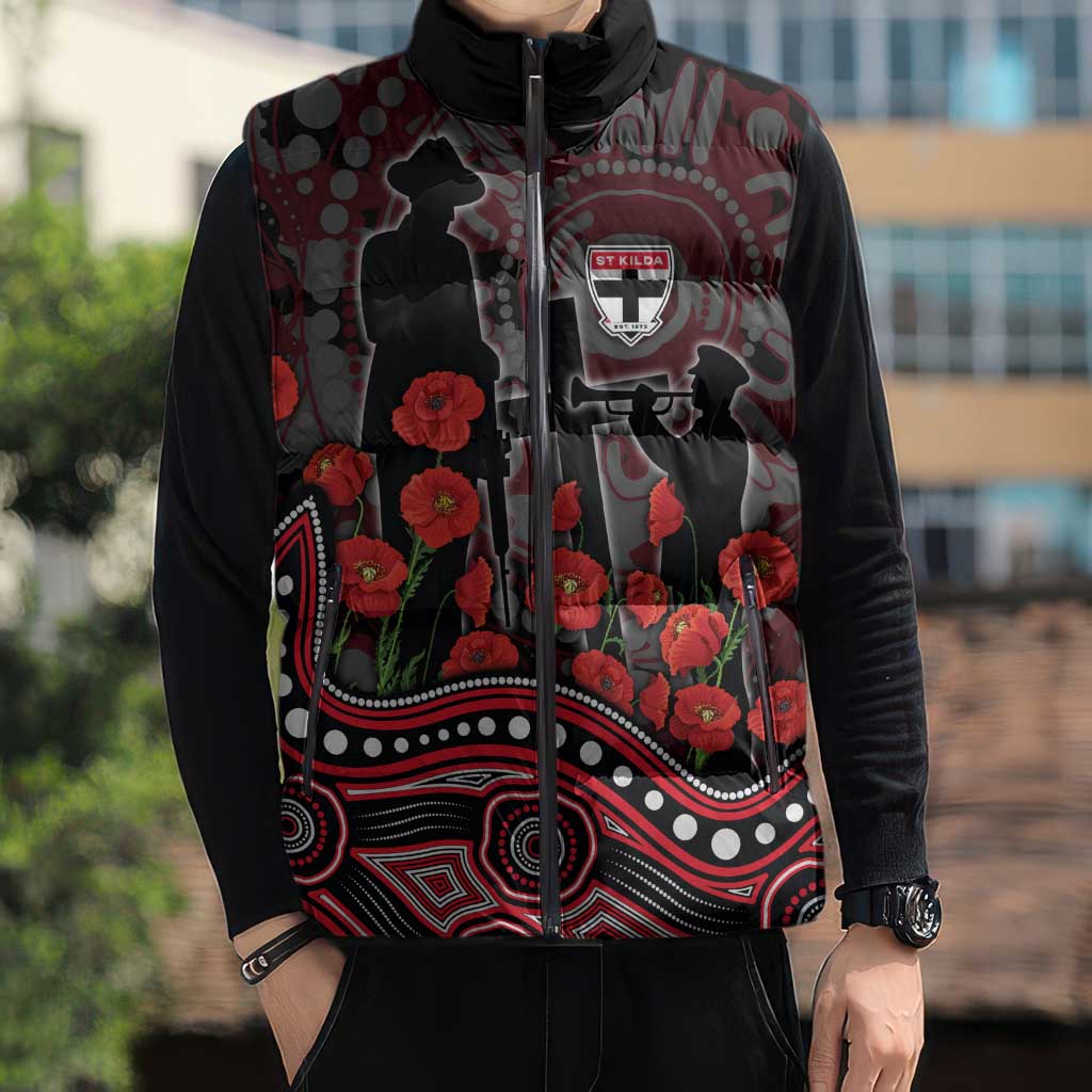St Kilda Saints ANZAC Day Sleeveless Puffer Jacket Indigenous Dot Art with Poppy Flower Tribute