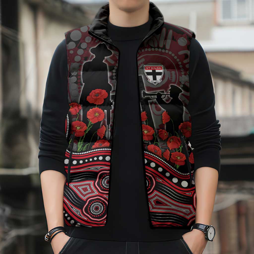 St Kilda Saints ANZAC Day Sleeveless Puffer Jacket Indigenous Dot Art with Poppy Flower Tribute