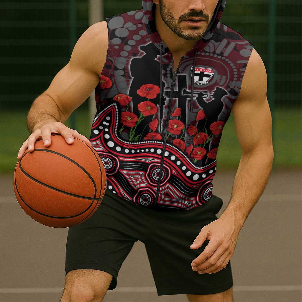 St Kilda Saints ANZAC Day Sleeveless Zip Hoodie Indigenous Dot Art with Poppy Flower Tribute