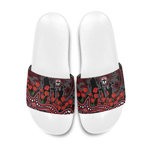 St Kilda Saints ANZAC Day Slide Sandals Indigenous Dot Art with Poppy Flower Tribute