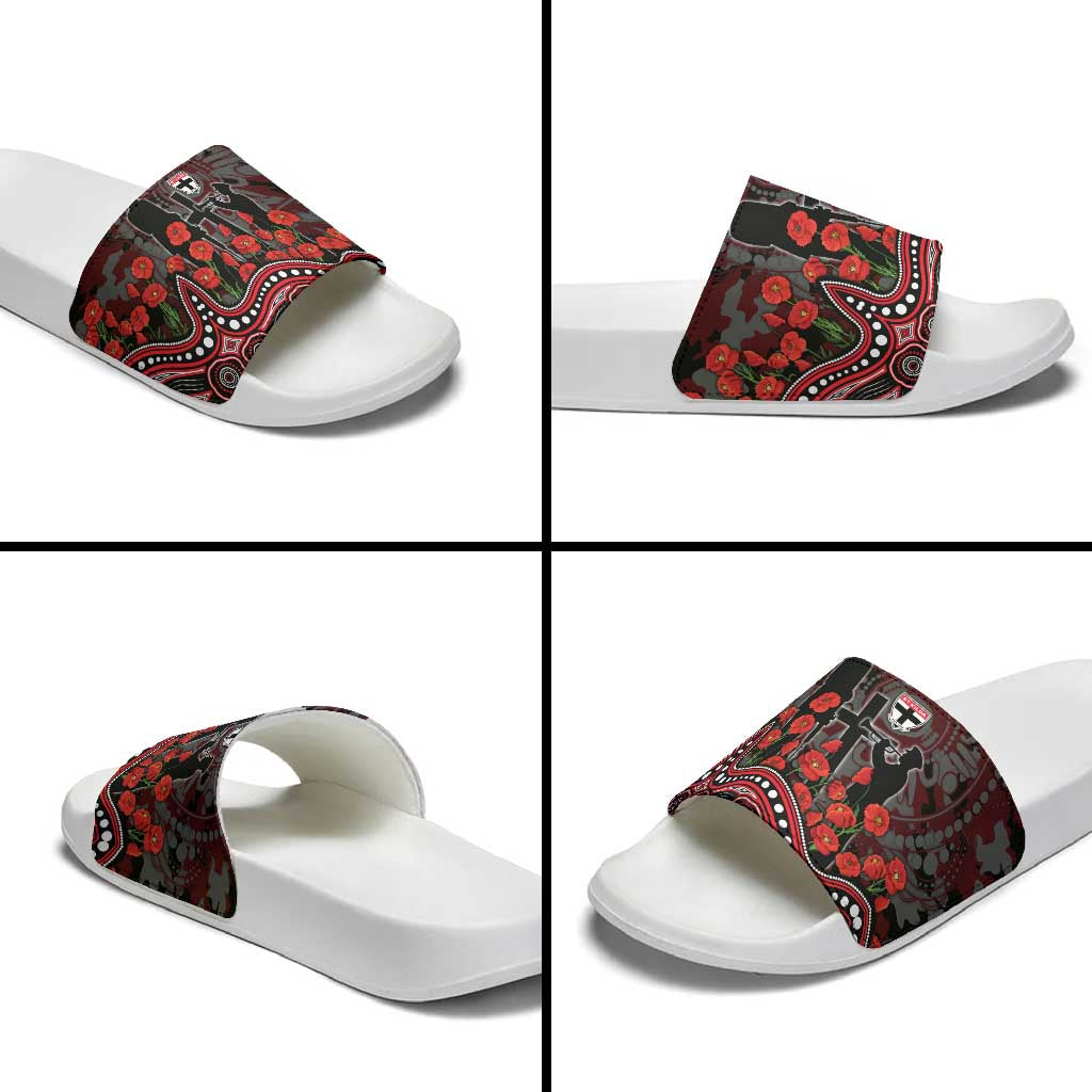 St Kilda Saints ANZAC Day Slide Sandals Indigenous Dot Art with Poppy Flower Tribute