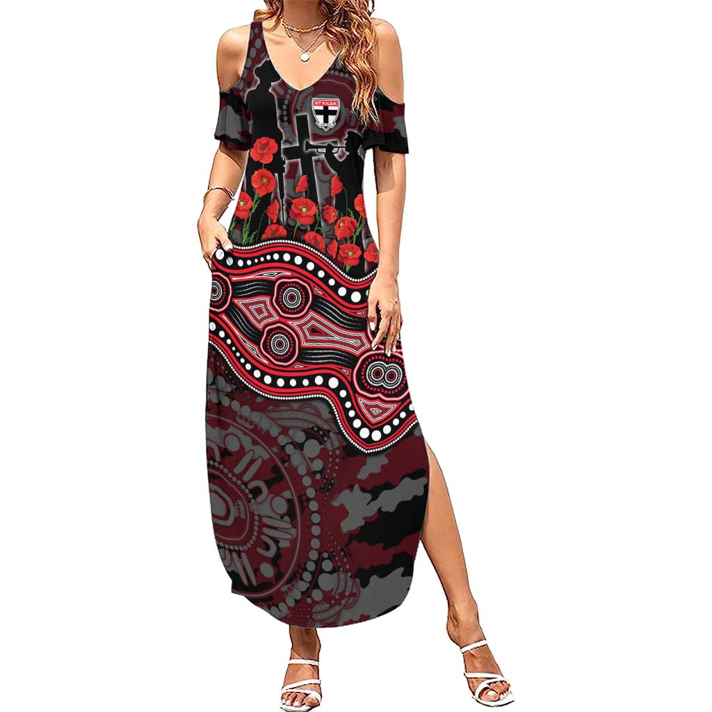 St Kilda Saints ANZAC Day Summer Maxi Dress Indigenous Dot Art with Poppy Flower Tribute