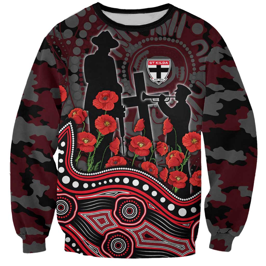 St Kilda Saints ANZAC Day Sweatshirt Indigenous Dot Art with Poppy Flower Tribute
