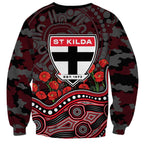 St Kilda Saints ANZAC Day Sweatshirt Indigenous Dot Art with Poppy Flower Tribute