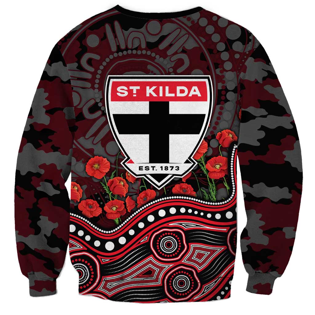 St Kilda Saints ANZAC Day Sweatshirt Indigenous Dot Art with Poppy Flower Tribute