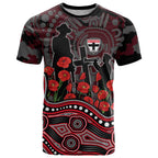 St Kilda Saints ANZAC Day T Shirt Indigenous Dot Art with Poppy Flower Tribute